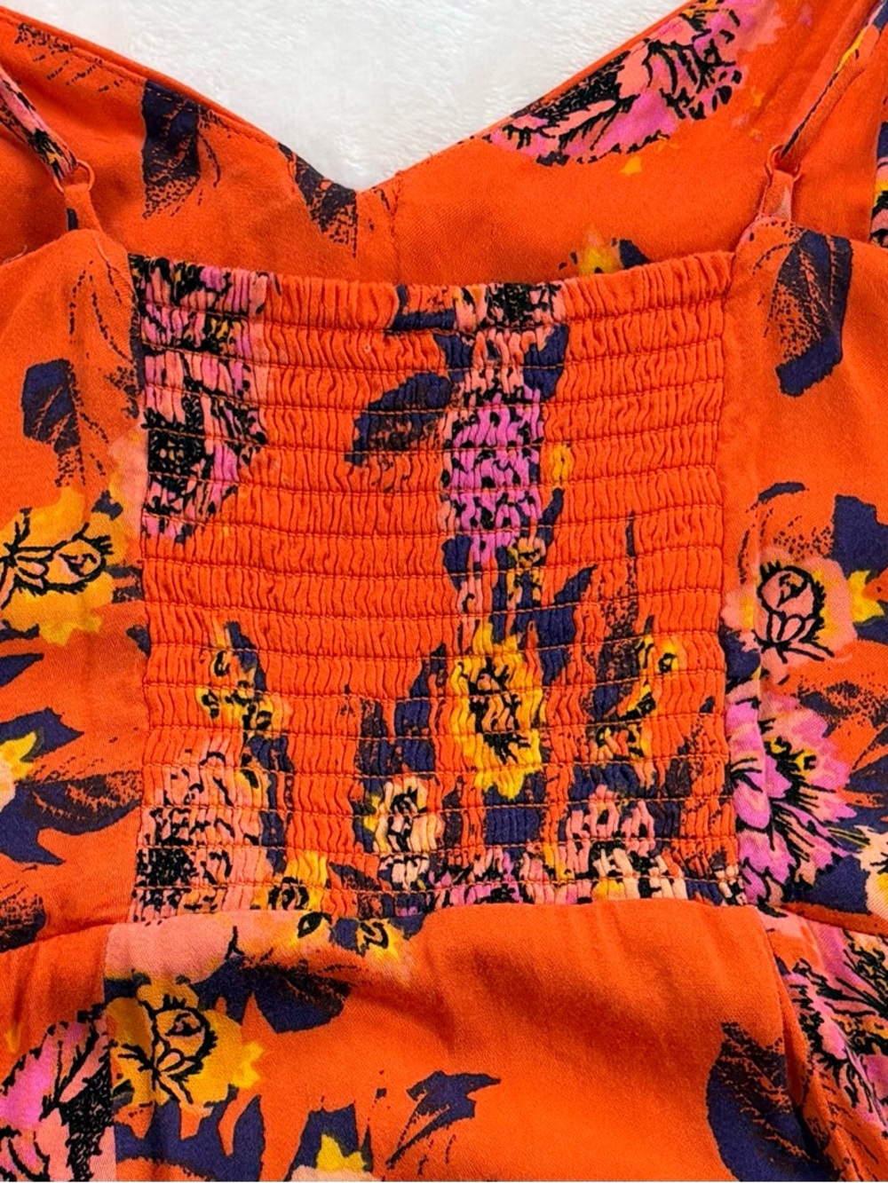 FREE PEOPLE Happy Heart Floral Mini Dress Orange Tie Front Smocked Back M Slip - Picture 7 of 8